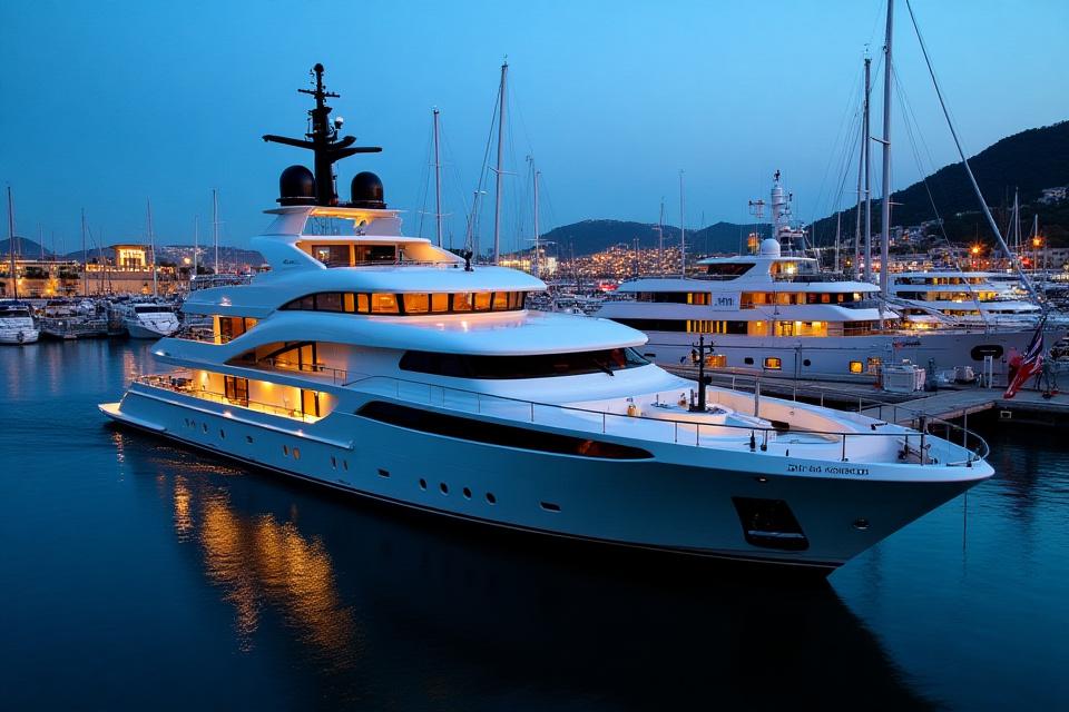 Modern yacht Voyager docked in a vibrant port